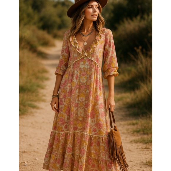 NWT FREE PEOPLE Carmella Ruffle Maxi Dress Tea Combo Medium - Picture 4 of 14